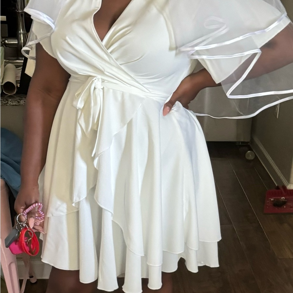 White Ruffled Wrap Sundress with Flutter Sleeves